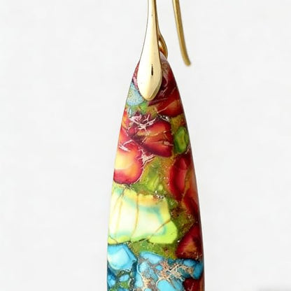 Boho Natural Imperial Jasper Teardrop Dangle Earrings for Women – Hypoallergenic French Hook Stone Drop Earrings Jewelry - color: Colorful Golden Hook #2