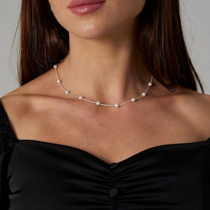 Kyerlyn Dainty Pearl Pendant Necklaces for Women 14K Gold Plated Handmade Layered Pearl Chain Necklace Delicate Layered Pearl Necklace Everyday Jewelry Gift - color: Satellite Pearl-Silver