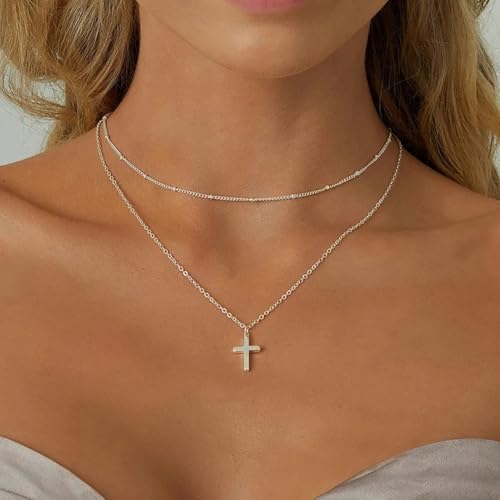 14K Gold Layered Cross Necklaces for Women,Tiny Small Sideways Cross Necklace Minimalist Christian Jewelry Gifts First Communion Confirmation Easter Stuff,2Pcs - color: Style B,Silver
