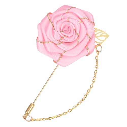 M METERXITY Rose Brooch Pin Cloth Rose Flower with Gold Leaf Brooch, Rose Flower Lapel Pin for Men Wedding Accessories/Suit Tuxedo Corsage Wedding Party Brooch - color: Pink