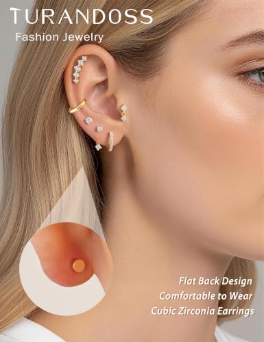 10 Pairs Hypoallergenic Cartilage Flatback Stud Earring for Women | 14K Gold Plated Flatback Stud Hoop Earring Sets for Helix Tragus Conch Piercing Jewelry Earring for Women Trendy - color: 14K Gold Plated