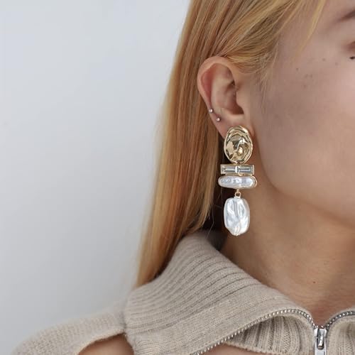 Statement Pearl Dangle Earrings,Gold and Large Pearl,Luxury Chandelier Organic Style Earrings - color: C gold and white
