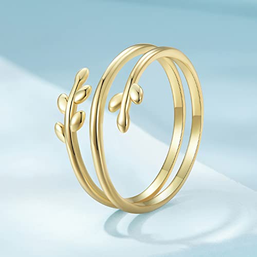 MUNDELL 925 Sterling Silver Simple Multi-layer Leaf Adjustable Ring Green Lucky Leaves Statement Ring for Women Promise Ring Fine Jewelry - color: Golden Multi-layer Leaf