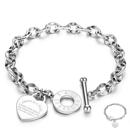 Heart Charm Bracelet Plated 18K Gold/Silver/Rose Gold Bible Scripture Heart Bracelet for Women Jewelry Gift Zircon Her Link Chain OT Clasp Stainless Steel Birthday - color: Silver, size: 7.1 inch