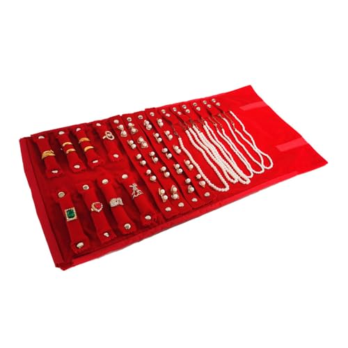 Velvet Travel Jewelry Case Roll Bag Organizer for Necklace Bracelet Earrings Ring (Black) (Red) - color: Red