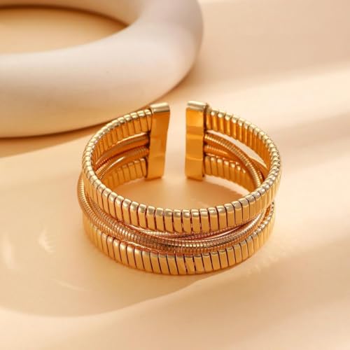 Chunky Gold Layered Cuff Bracelet for Women Men, Modern Geometric Textured Twisted Wide Open Bangle Bracelet Y2k Trendy Statement Jewelry Punk Gifts - color: Golden