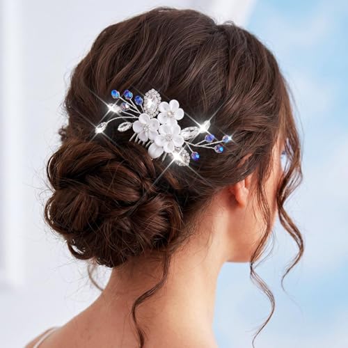 Catery Flower Bride Wedding Hair Comb Silver Small Side Comb Blue Crystal Hair Piece Jewelry Accessories for Women and Girls | Floral Wedding Headpiece Silver Crystal Hair Clips for Bridesmaid Bride Hair Accessory for Prom