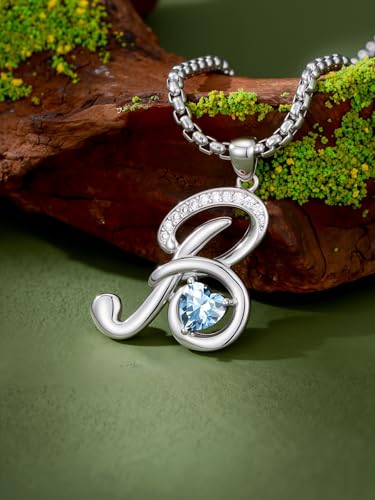 A to Z Initial Birthstone Pendant Necklaces Name Jewelry for Women | 18K White Gold Plated Personalized Alphabet Jewelry Anniversary Christmas Birthday Gifts for Wife Her Daughter Girlfriend - color: B Initial-03-Mar