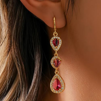 18K Gold Plated Flower Dangle Earrings for Women, Hypoallergenic Cubic Zirconia Earrings, Elegant CZ Drop Earrings, Statement Jewelry Gifts Party Fashion - style: OBS0354-Red