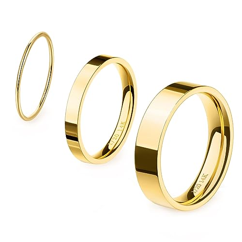 NOKMIT 1mm 3mm 5mm 14K Gold Filled Rings Set for Women, Non Tarnish Band | Dainty Gold Thumb Pinky Ring | Minimalist Stacking Wedding Band | Anillos de Oro 14K de Mujer | Size 5 to 10