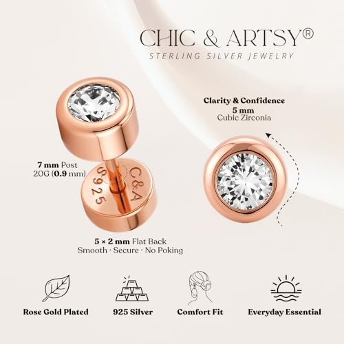 CHIC & ARTSY 18K Gold Plated Solid 925 Sterling Silver Flat Back Earrings for Women Multiple Piercings Screw Back Earrings Cartilage Hypoallergenic Jewelry - style: 925 Silver Flat Back #14
