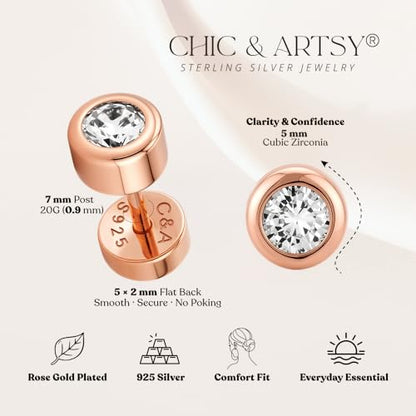 CHIC & ARTSY 18K Gold Plated Solid 925 Sterling Silver Flat Back Earrings for Women Multiple Piercings Screw Back Earrings Cartilage Hypoallergenic Jewelry - style: 925 Silver Flat Back #14
