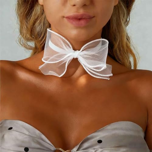 Boho Bow Lace Choker Necklaces Bow Ribbon Necklace Lace Bowknot Necklaces White Velvet Collar Necklace Big Bowtie Choker Cosplay Costume Christmas Halloween Jewelry for Women - color: White