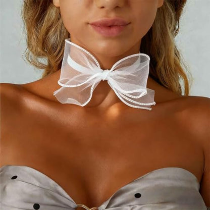Boho Bow Lace Choker Necklaces Bow Ribbon Necklace Lace Bowknot Necklaces White Velvet Collar Necklace Big Bowtie Choker Cosplay Costume Christmas Halloween Jewelry for Women - color: White