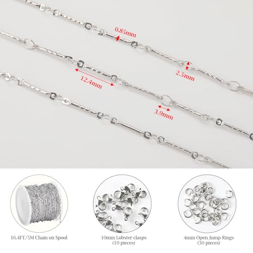 KYUNHOO 16.4FT/5M Silver Chain for Jewelry Making Texture Bar Link Chain | Stainless Steel Jewelry Chains 12MM Long Stick Chains with Clasps for Crafting - color: Stick Silver