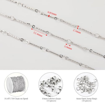 KYUNHOO 16.4FT/5M Silver Chain for Jewelry Making Texture Bar Link Chain | Stainless Steel Jewelry Chains 12MM Long Stick Chains with Clasps for Crafting - color: Stick Silver