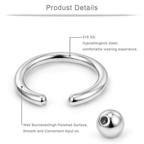 20G 16G 14G 12G Surgical Steel Captive Bead Nose Hoop Septum Earring Eyebrow Tongue Lip Nipple Helix Tragus Piercing Rings 8mm,10mm,12mm,14mm - color: 12PRS - Silver