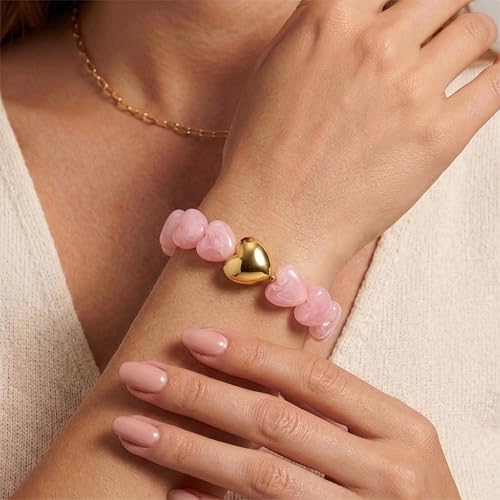 WOWORAMA Chunky Beaded Bracelets for Women Colorful Large Square Beads Bracelet Boho Acrylic Resin Stretch Bracelets Statement Chunky Bracelet Summer Jewelry - color: Heart-Pink