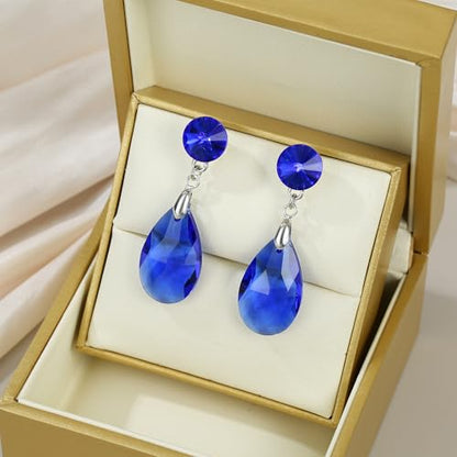 Round and Teardrop Crystal Stud Dangle Earrings Hypoallergenic Gold Plated Birthstone Drop Earrings Trendy Evening Prom Pageant Jewelry Gift for Women - color: sapphire blue