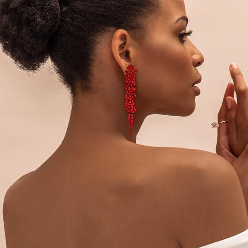EVER FAITH Rhinestone Crystal Art Deco Statement Clip-on Earring, Wedding Prom Long Chandelier Dangle Earrings for Women - color: Red Black-Tone