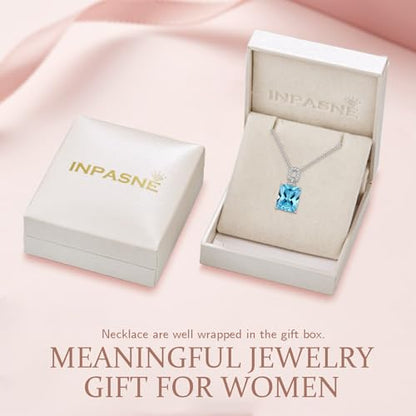 Emerald Cut Birthstone Necklace for Women 925 Sterling Silver | Baguette Birthstone Pendant Necklace, Jewelry for Mom Wife - color: Sea Blue