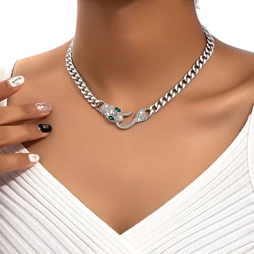 Punk Animal Snake Choker Necklace Hip Hop Rhinestone Snake head Cuban Link Chain Necklace Chunky Cuban Chain Crystal Jewelry for Women Gifts - color: Style B Silver