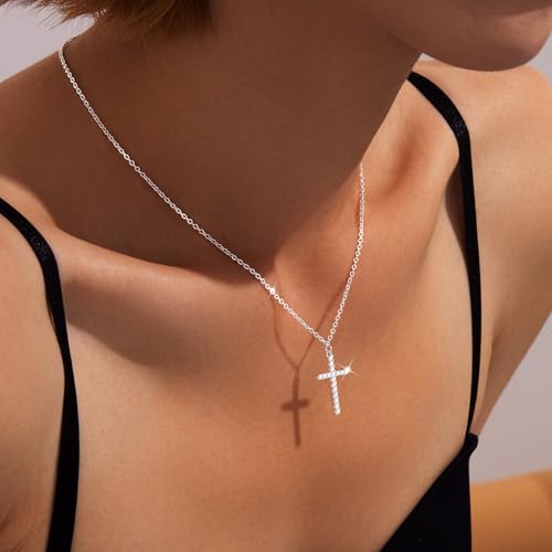 Poxtex Cross Necklace for Women Teen Girls, Dainty 14K Gold Silver Plated Cross Choker Jewelry Non Tarnish Waterproof Cute Simple Small Necklace Christian Baptism Religious Faith Jewelry Gifts - color: 04 Simple Cross CZ