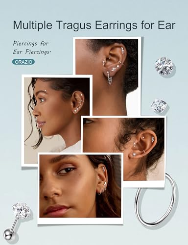 ORAZIO 16 Gauge Cartilage Earrings for Women-Hypoallergenic Surgical Stainless Steel Tragus Earring Set Threadless Flat Back Earrings Push in Nose Studs Daith Conch Tragus Helix Piercing Jewelry - color: Silver Tone