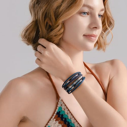 Boho Layered Leather Wrap Bracelets Chunky Western Country Hippie Jewelry | Stackable Bohemian Cowgirl Magnetic Clasp Cuff Bangle Set Fashion Stack Statement Festival Trendy Jewelry Gifts for Women - color: Navy Blue