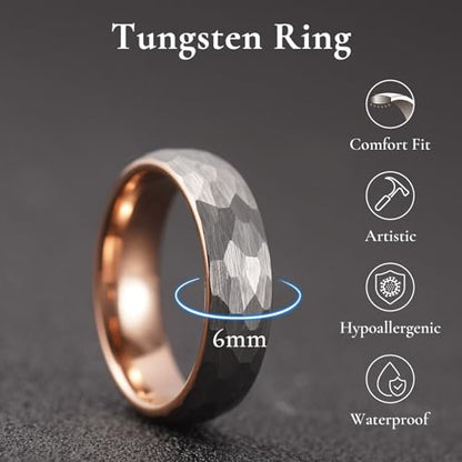 King Will Men's Tungsten Carbide Wedding Ring Hammered Groove Wedding Band Mens Two Tone Engagement Ring for Men and Women Matte Brushed Finish Comfort Fit - color: A 6MM Rose Gold-Silver