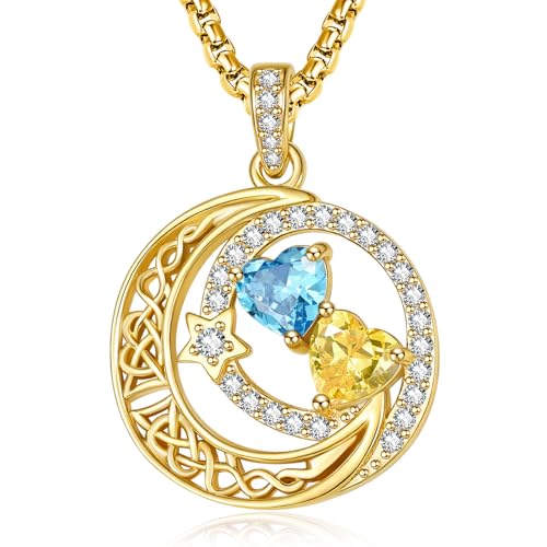 14K Gold Moon and Star Double Birthstone Necklace Gifts for Women | 2 Heart Birthstone Necklace,Mothers Day Wedding Anniversary Birthday Gifts for Wife Mom Daughter Grandma Sister - color: 03-11-Mar-Nov Birthstone