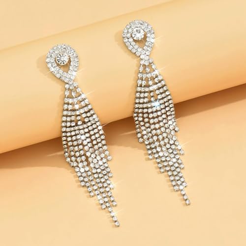 Rhinestone Earrings Prom Earrings for Women Sparkly Long Tassel Chandelier Drop Statement Earring Jewerly Gifts Wedding Party Prom Dresses Accessories - color: A1: silver prom earrings