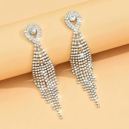 Rhinestone Earrings Prom Earrings for Women Sparkly Long Tassel Chandelier Drop Statement Earring Jewerly Gifts Wedding Party Prom Dresses Accessories - color: A1: silver prom earrings