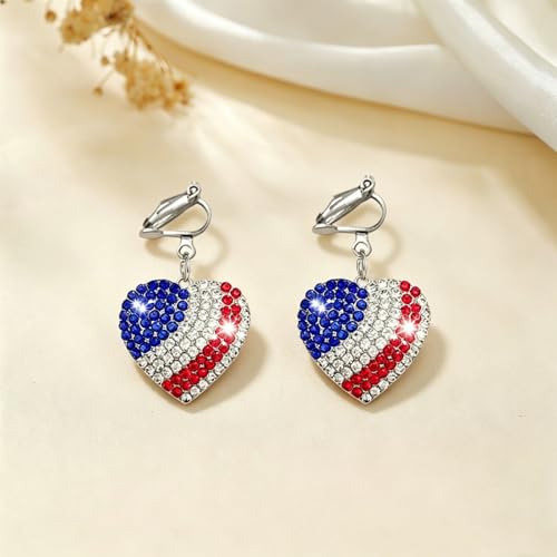 4th of July Independence Day Clip on Earring for Women American Flag Dangle Earrings Patriotic Red White Blue USA Earring, Pave Crystal Stud - color: blue