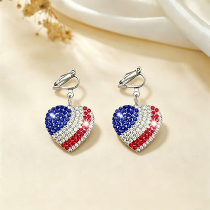 4th of July Independence Day Clip on Earring for Women American Flag Dangle Earrings Patriotic Red White Blue USA Earring, Pave Crystal Stud - color: blue