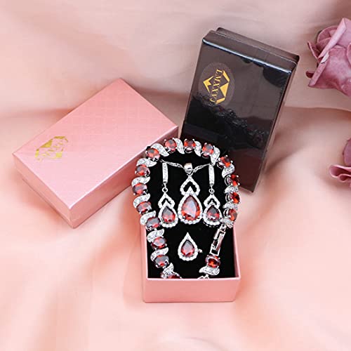 LMXXVJ Women Jewelry Set Platinum Plated Necklace Open Ring Earrings Bracelet Set,Birthday/Anniversary Mother’s Day Jewelry Gifts for Mom/Wife/Sister/Best Friend - color: Garnet Red