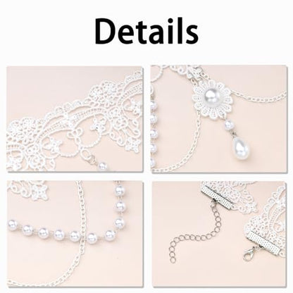 MILAKOO Lace Tattoo Choker for Women Elegant Goth & Elegant Necklace Collarbone Pearl Pendant Collar - color: White C