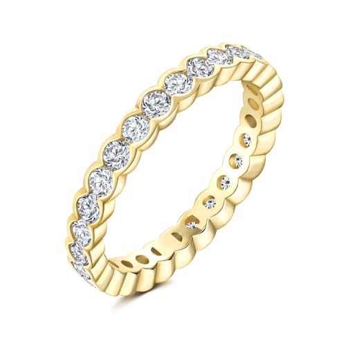 2.2mm Thin Stackable Full Eternity Rings for Women 14K Gold Plated | Cubic Zirconia/Emearld/Ruby/Sapphire Wedding Promise Band Ring for Her Valentines Anniversary Size 6-10 - color: A-CZ/14K Gold Plated