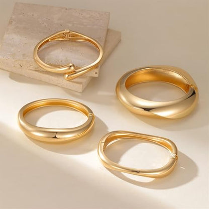 4 Pcs Chunky Gold Jewelry Set for Women, 14K Gold Plated Cuff Choker Collar Necklace, Teardrop Drop Earrings, Teardrop Wrap Ring, Hinged Cuff Bangle Bracelets, Statement Fashion Jewelry - color: 4 Pcs Gold Bracelet Set A