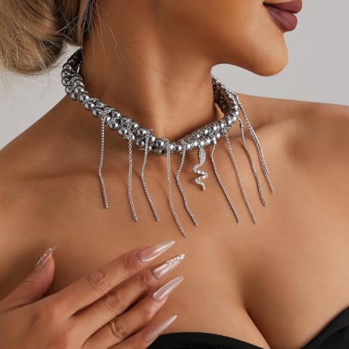 Gold Statement Choker Necklace for Women – Trendy Silver Long Layered Snake Chain Drop Necklace, Elegant Prom Party Jewelry Gift, Delicate Accessories for Her - color: E-Serpentine pendant tassel texture collarbone chain necklace