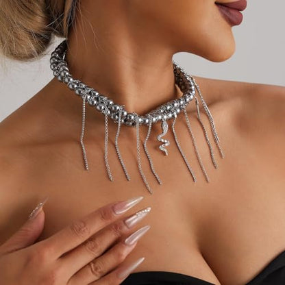 Gold Statement Choker Necklace for Women – Trendy Silver Long Layered Snake Chain Drop Necklace, Elegant Prom Party Jewelry Gift, Delicate Accessories for Her - color: E-Serpentine pendant tassel texture collarbone chain necklace