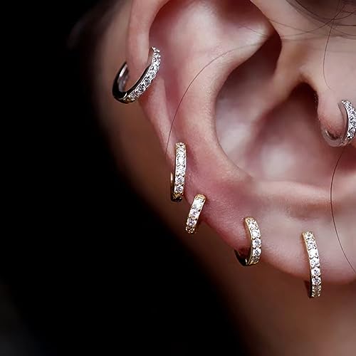 Cubic Zirconia Pave Cz Hoop Earrings Huggie Tiny Mini Small for Cartilage Sterling Silver Gold Plated 11mm 9mm 8mm 7mm Hoop Earrings - style: Silver-9mm Inner Diameter