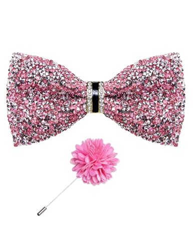 DiBanGu Mens Rhinestone Bow Tie with Ring and Lapel Pin Set | Adjustable Strap,Pre-tied Style,3PCS,Sequin Diamond Bowties，Solid/Mix Color,Shiny Accessory,for Party Prom Banquet Wedding - color: Pink
