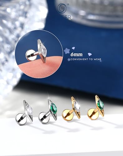 OUFER G23 Titanium Threadless Flat Back Stud, Marquise CZ Cartilage Earring, 18G Minimalist Helix Tragus Flat Piercing Jewelry for Sensitive Ears, 6mm Post - color: Silver-Clear