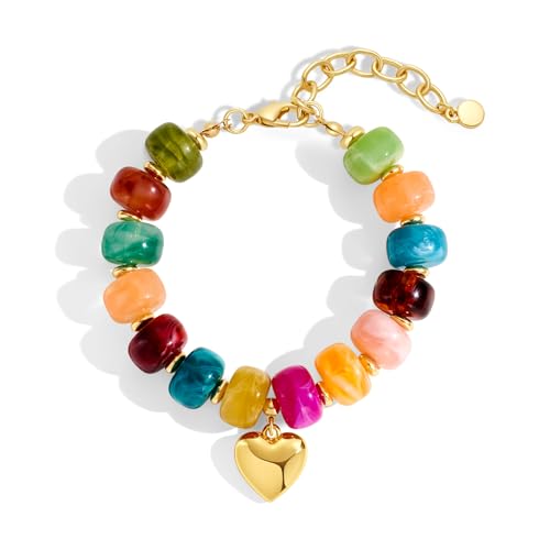 WOWORAMA Colorful Beaded Bracelets for Women Multicolor Acrylic Resin Beads Bracelet with Heart Charm Boho Statement Chunky Bracelet Summer Holiday Jewelry - color: Heart-Colorful