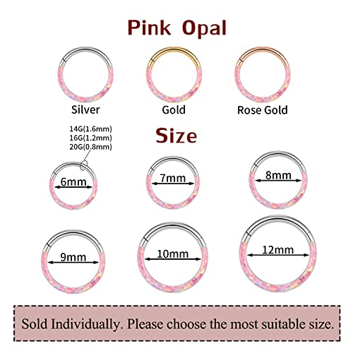 GAGABODY Septum Ring 16 Gauge Earrings Daith Jewelry Surgical Steel Hinged Nose Rings Nose Hoop Cartlidge Earring Hoop Helix Rook Piercing Jewelry - color: Style2:1pc Rose gold+Pink Opal Single Hoop