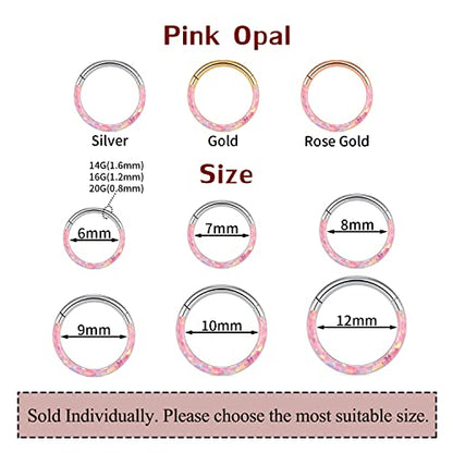 GAGABODY Septum Ring 16 Gauge Earrings Daith Jewelry Surgical Steel Hinged Nose Rings Nose Hoop Cartlidge Earring Hoop Helix Rook Piercing Jewelry - color: Style2:1pc Rose gold+Pink Opal Single Hoop