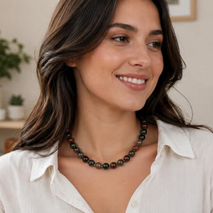 Chunky Gemstone Necklace for Women, 12mm Green Beaded Necklace, Hand-Knotted Beads Choker with Magnetic Clasp, Statement Jewelry, 16.5" - color: Indian Agate