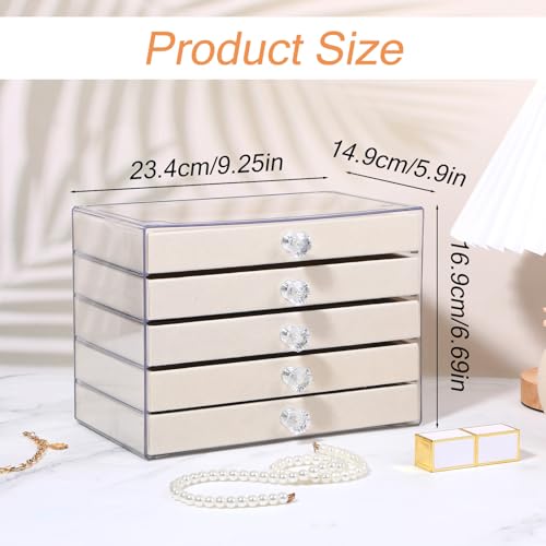 5-Drawer Necklace Organizer Box with Clear Acrylic & Velvet Lining, Beige Necklace Storage Box for Chains, Pendants, Stackable Dustproof Jewelry Holder(9.25 x 5.9 x 6.69 in)
