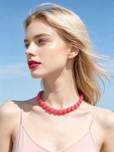 Chunky Beaded Necklace for Women 16mm Round Bead Resin Modern Statement Necklace Jewelry Accessories - color: rose red